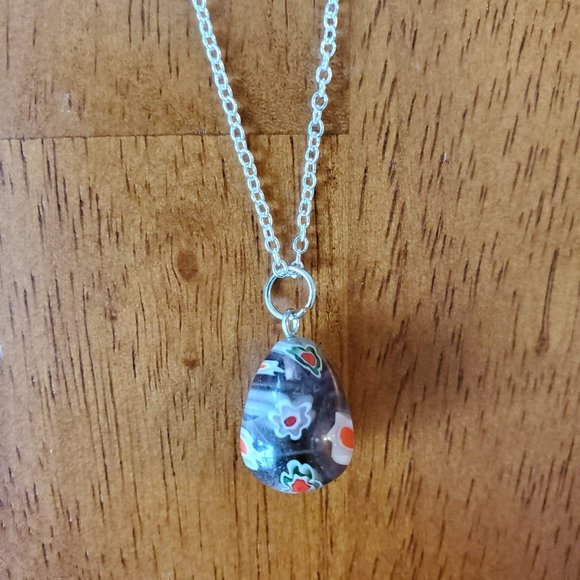 Glass Pendant Necklace, Millefiori Pendant, 22" Silver Tone Chain, Black Red - Picture 2 of 5